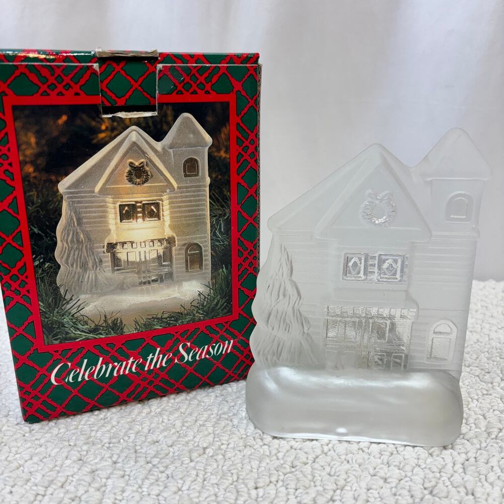 Frosted Glass Tealight Votive Candle Holder Victorian Christmas House 6" Heavy